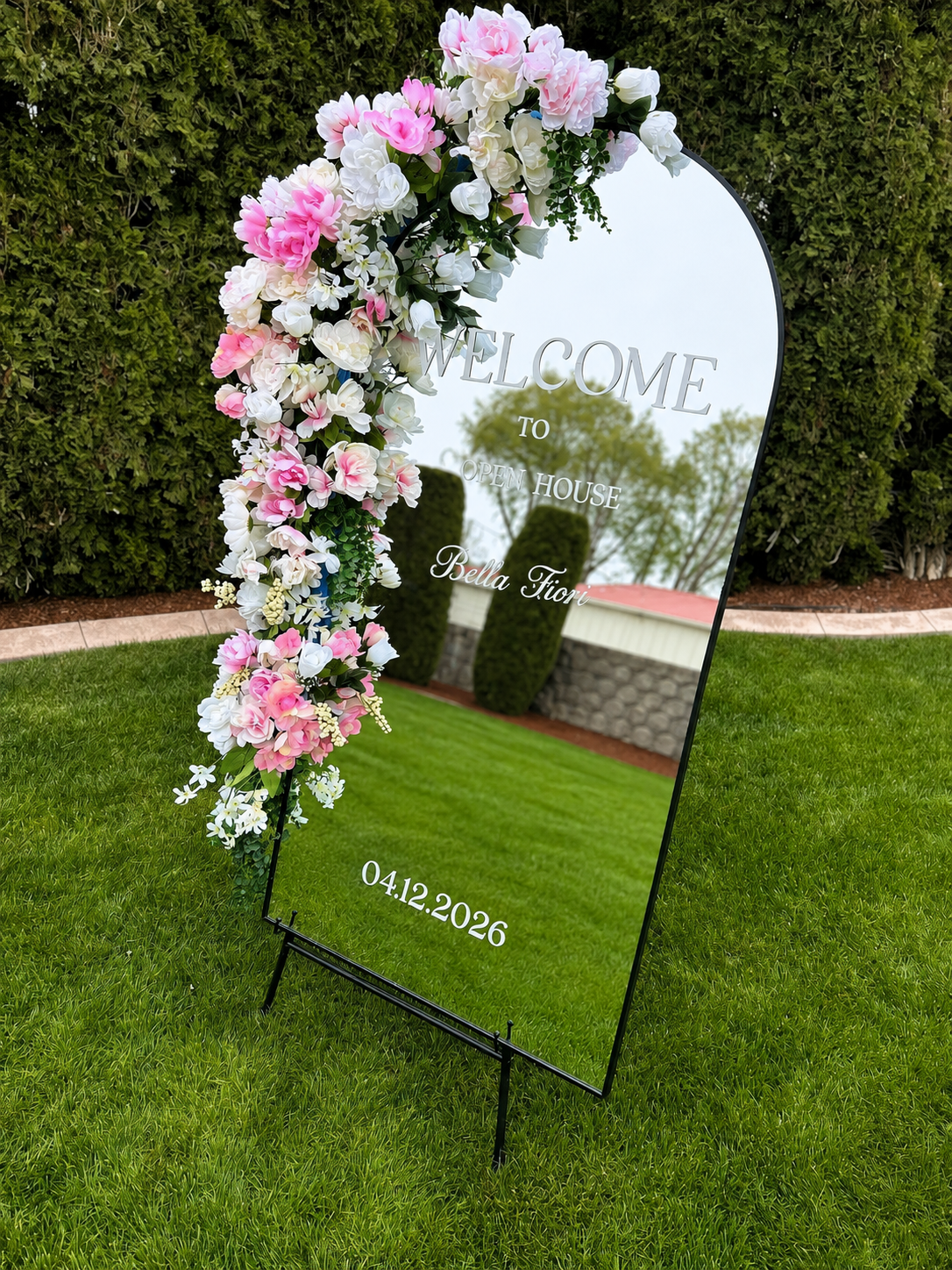 Arched Acrylic Welcome Mirror with Floral Garland